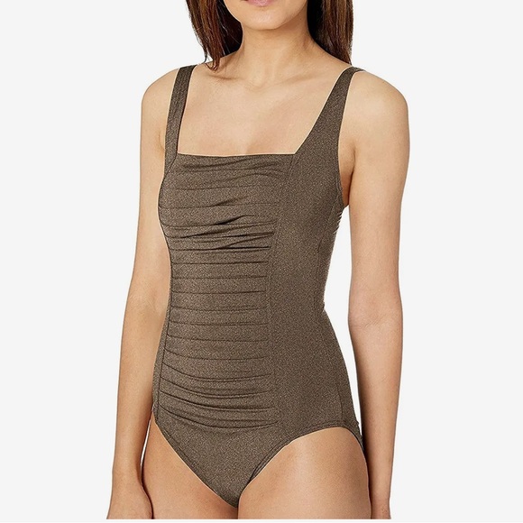 Calvin Klein Pleated One Piece Swimsuit, Bronze, 16 - Picture 9 of 10